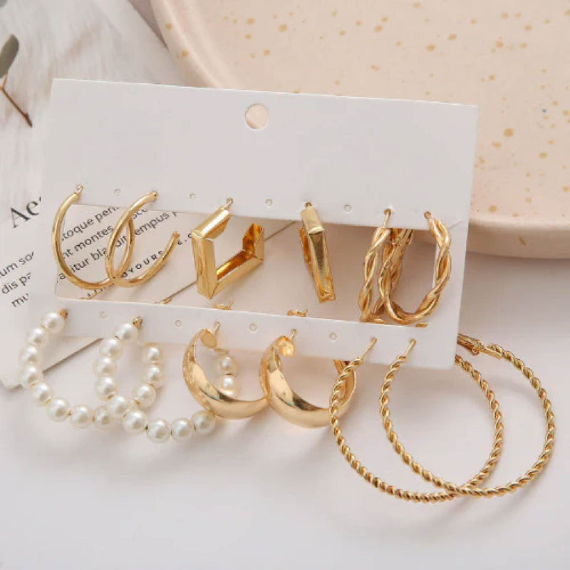 6 Pairs Elegant and Simple Round Geometry Pearl Earrings