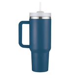 Blue insulated mug with handle and white lid on a white background
